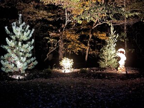Ein Garten mit verschiedenen Bäumen und einer Statue.