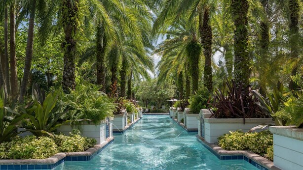 A swimming pool with a tropical garden on either side, surrounded by tall palm trees. - Florida Holiday! 1 Bedroom, 1 Bath Villa - Marriott’s Lakeshore Reserve, Orlando (Orlando)