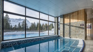 Ein Hallenbad mit Blick auf schneebedeckte Berge und Bäume.