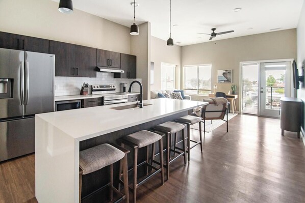 Fridge, dining table