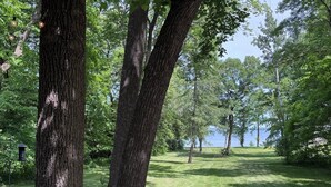 A park with large trees, a grassy area, and a body of water in the distance.