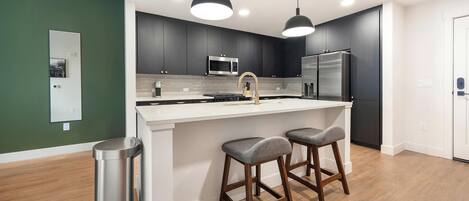 Fridge, dining tables