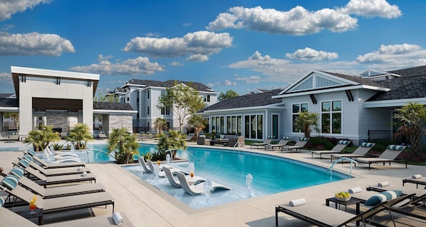 A modern resort with a swimming pool, lounge chairs, and a clear blue sky. - Landing | Stunning 1BD in Northwest Side (San Antonio)