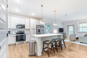 Fridge, dining tables