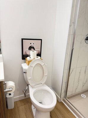 A bathroom with a toilet, a framed picture of a panda, a shower area, and a wooden floor. -     Urban Studio Oasis (Edmonton)