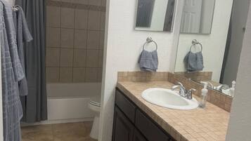 Hair dryer, towels, soap, toilet paper