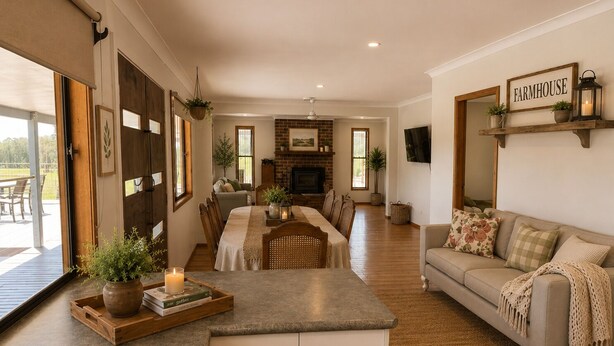 Uma sala de estar ampla com lareira, área de jantar e sofá.
