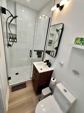 Dusche, Haartrockner, Handtücher, Seife