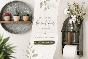 A wall with a rustic shelf holding potted plants, a jar with cotton, and a toilet paper holder. - Mesa View Lodge Resort (Lewellen)