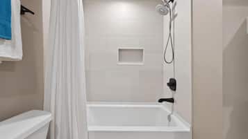 Hair dryer, towels, soap, toilet paper