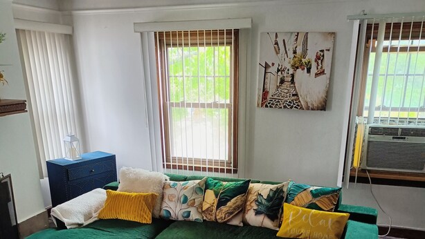 A living room with a green sofa, a coffee table, and a window with blinds. - Charming Upper Flat 10 mins from Downtown Det-10 mins from Nautical Mile (Detroit)