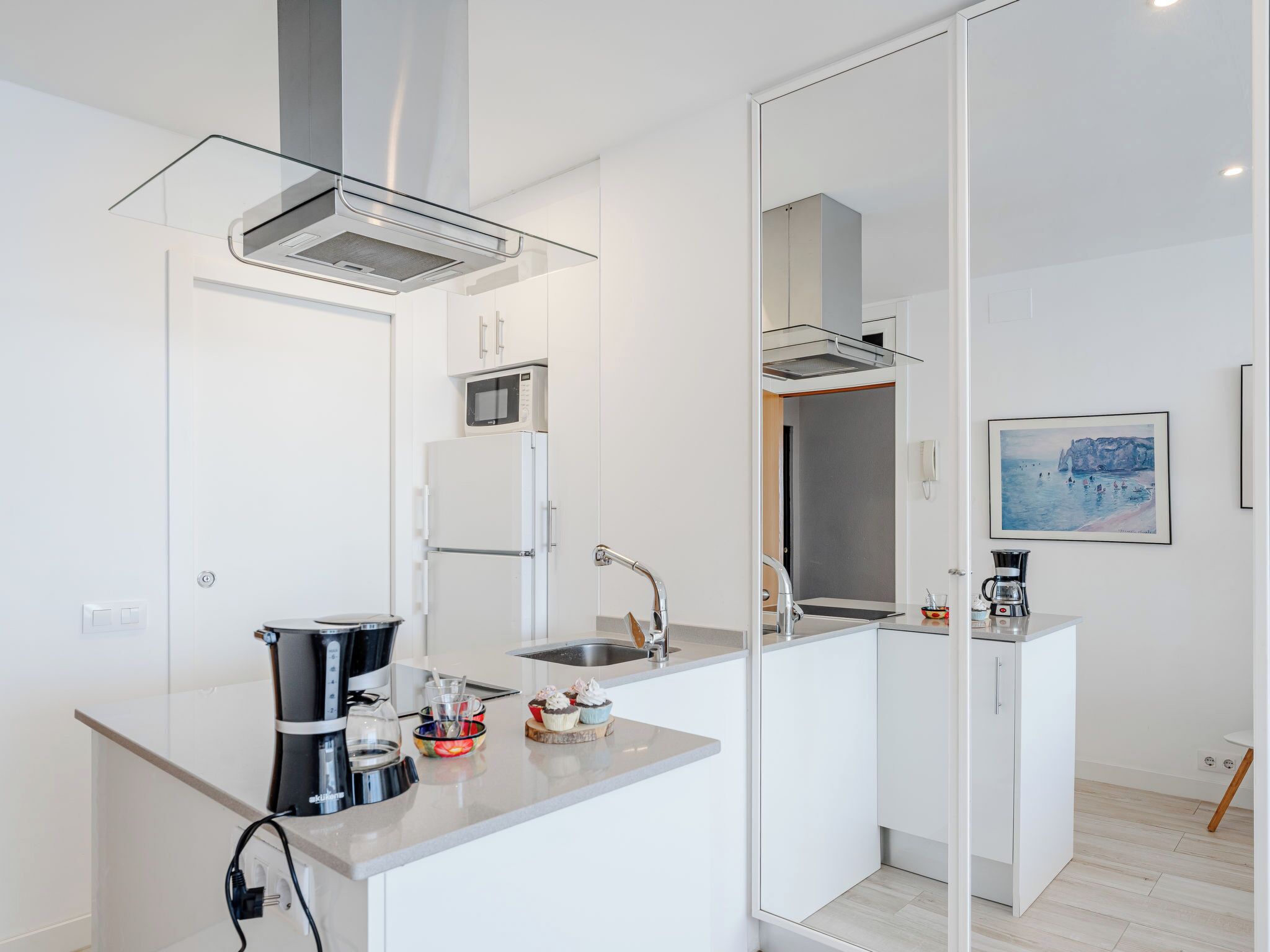 Fridge, microwave, cookware/dishes/utensils
