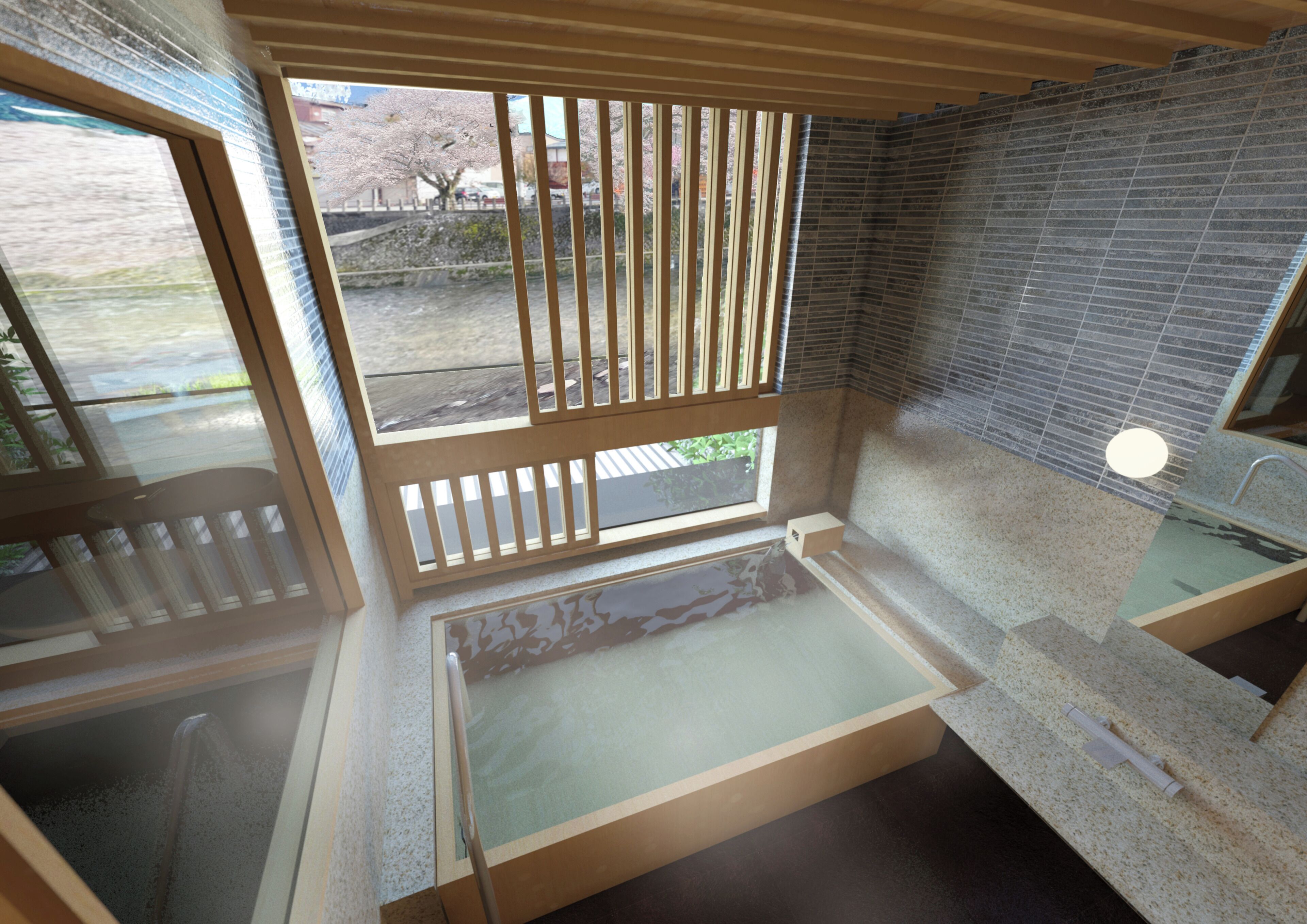A room with a bathtub, a window with blinds, and a brick wall.