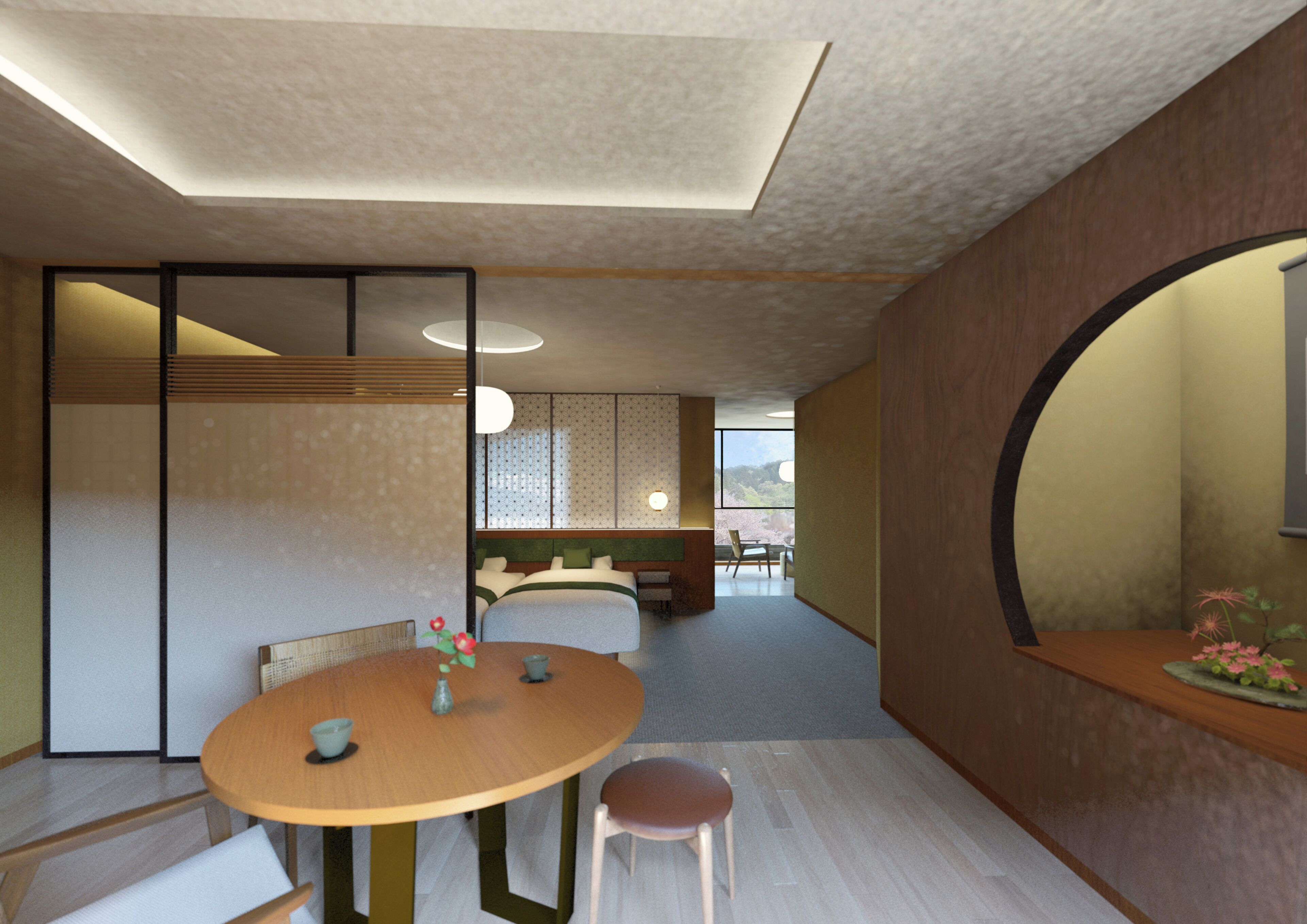 A modern hotel room with a wooden dining table, a sofa, and a view of the outdoors.