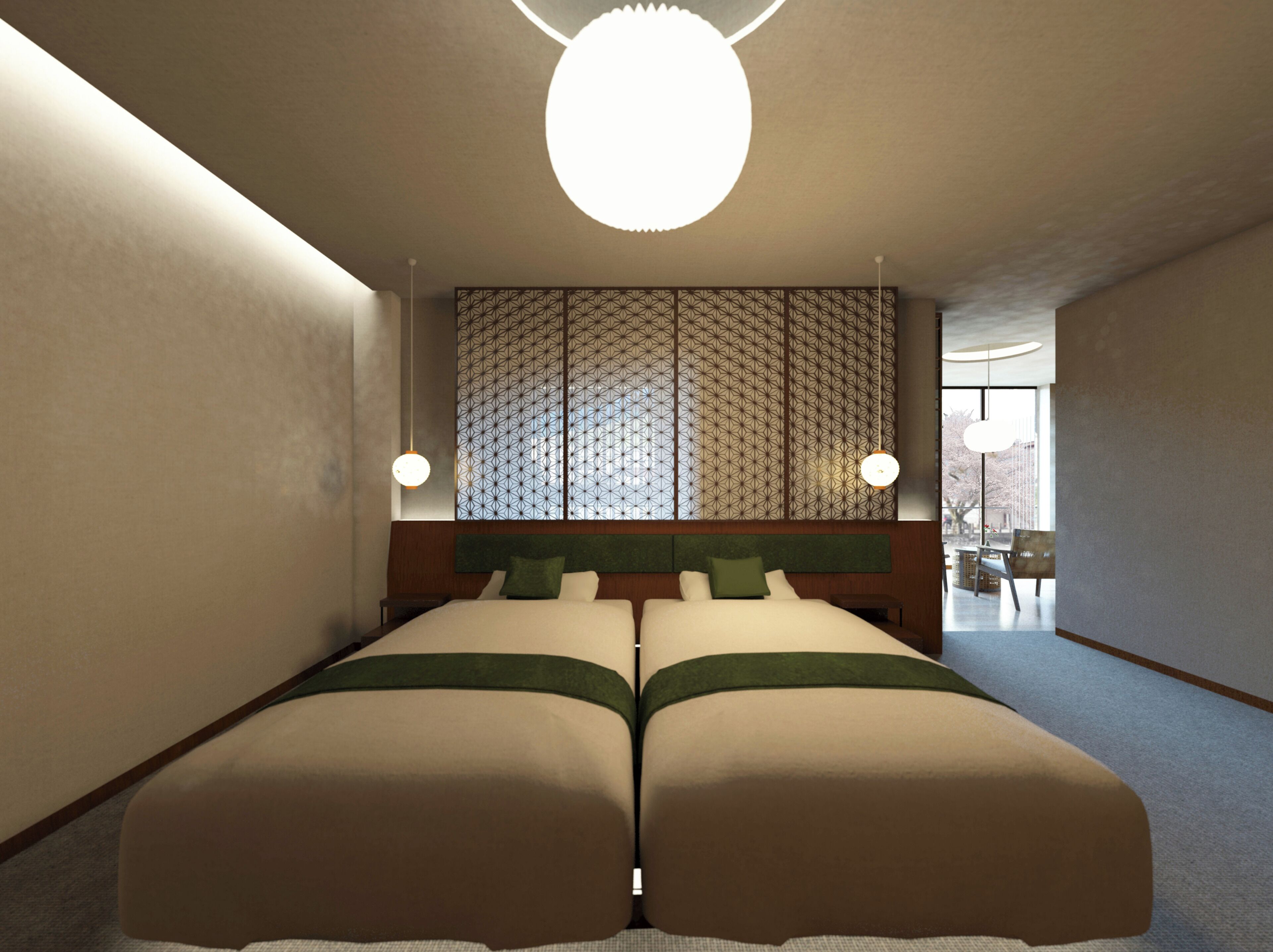 A modern hotel room with a large bed, two bedside tables, a decorative headboard, and a large window.