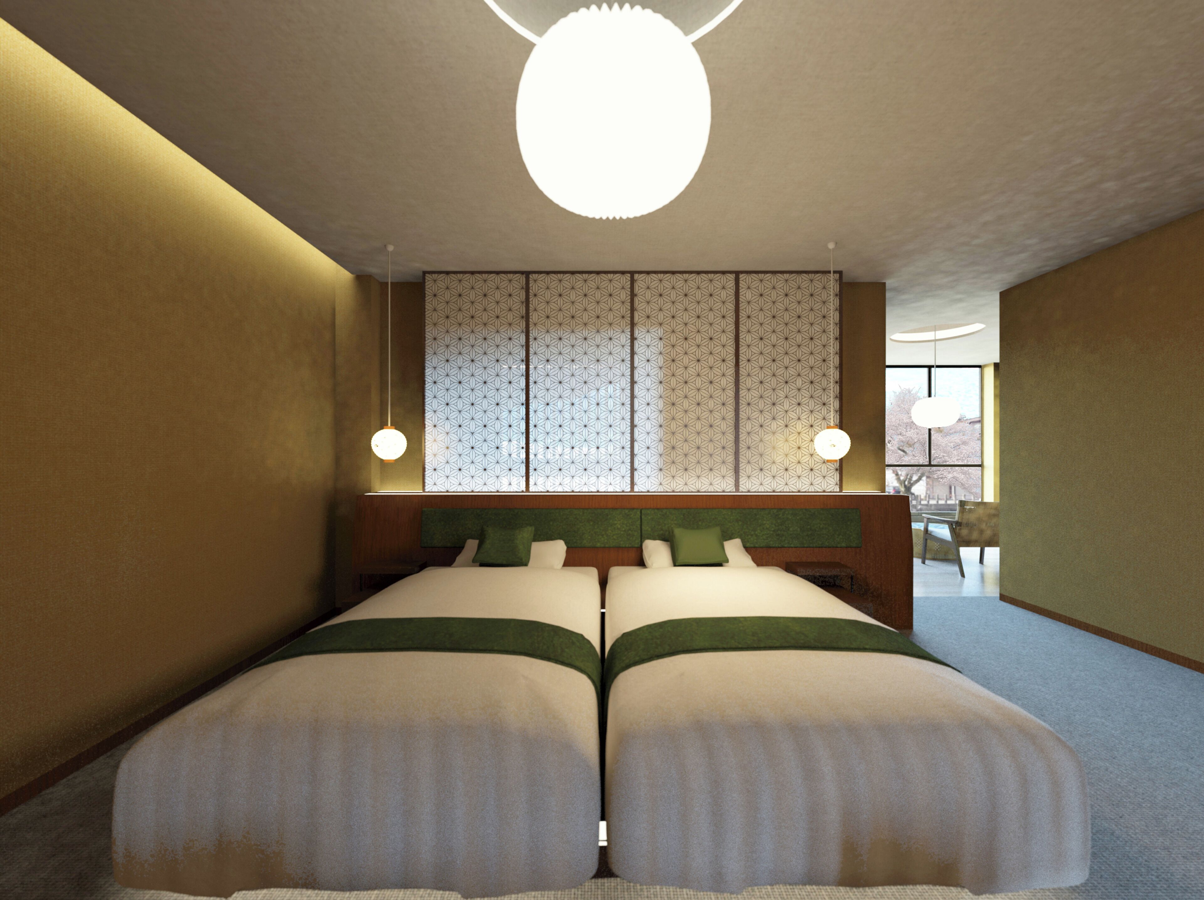 A hotel room with a large bed, a decorative headboard, a view of the outdoors, and a ceiling light.