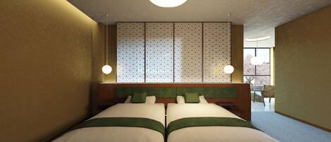 A hotel room with a large bed, a decorative headboard, a view of the outdoors, and a ceiling light.