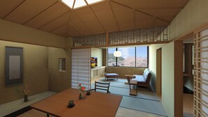 Ein traditioneller japanischer Raum mit Tatami-Böden, einem niedrigen Tisch, einer Couch und Blick auf Kirschblüten durch große Fenster.