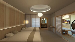 A modern hotel room with a large bed, a small bathroom, and a TV in the corner. - Honjin Hiranoya Omeiso (Takayama)