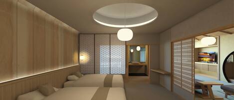 Una habitación de hotel moderna con una cama grande, un baño pequeño y un televisor en una esquina.