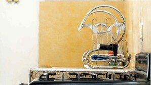 A kitchen with a dish rack, a wall-mounted light switch, and a decorative item.
