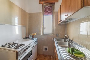 Eine kleine Küche mit Gasherd, Backofen, Spüle und einem Fenster mit Blick.