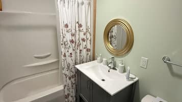 Hair dryer, towels, soap, toilet paper