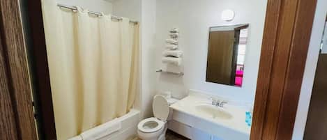 Un baño con bañera, inodoro, lavabo y espejo.