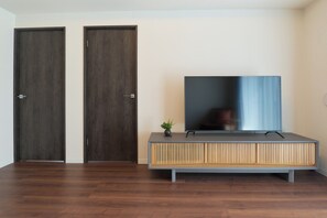 Una habitación con dos puertas de madera oscura, un televisor de pantalla plana sobre un mueble gris y una planta pequeña.