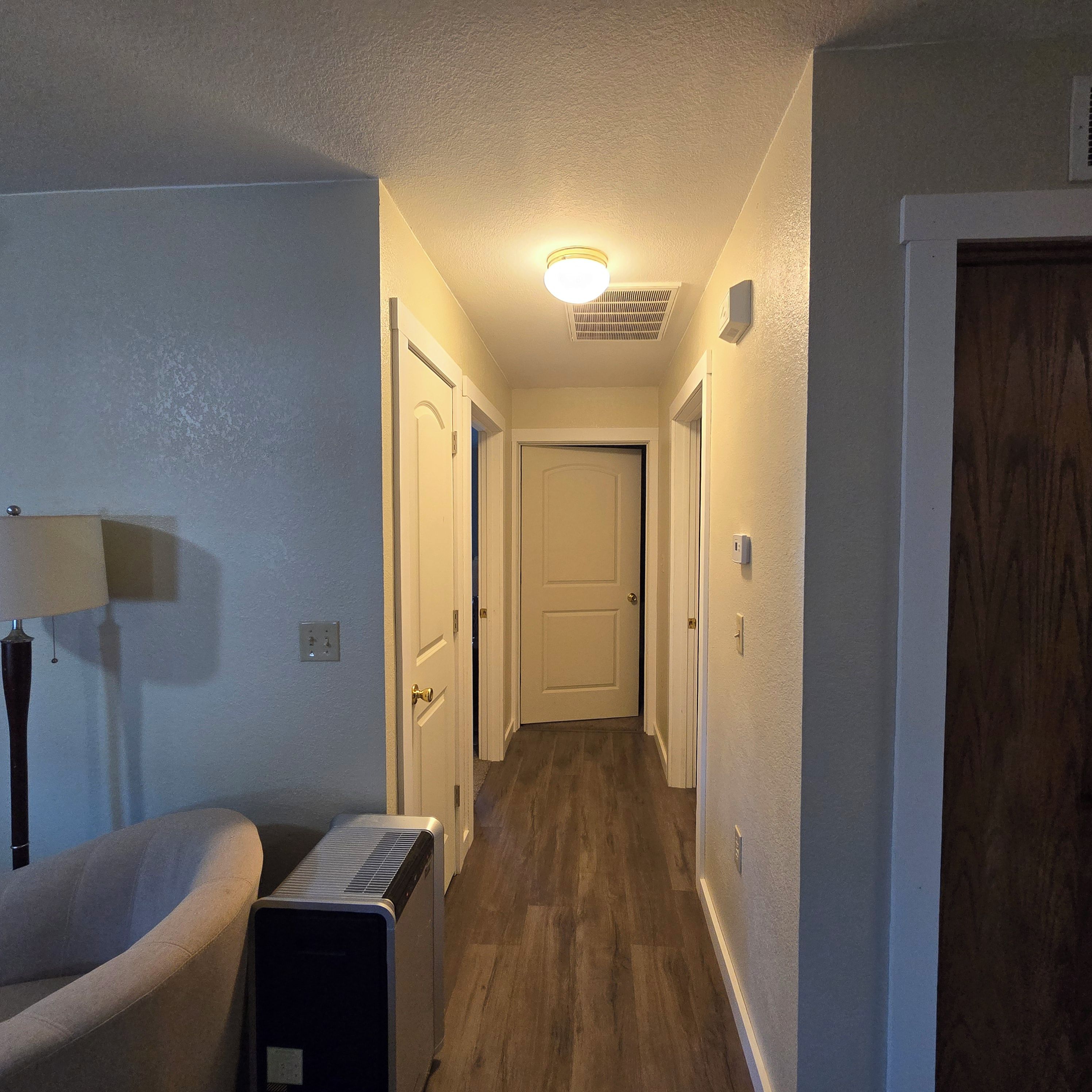 A hallway with a ceiling light, a door at the end, and a radiator on the left.
