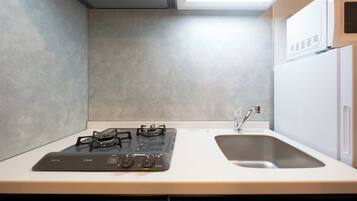Fridge, microwave, stovetop, cookware/dishes/utensils