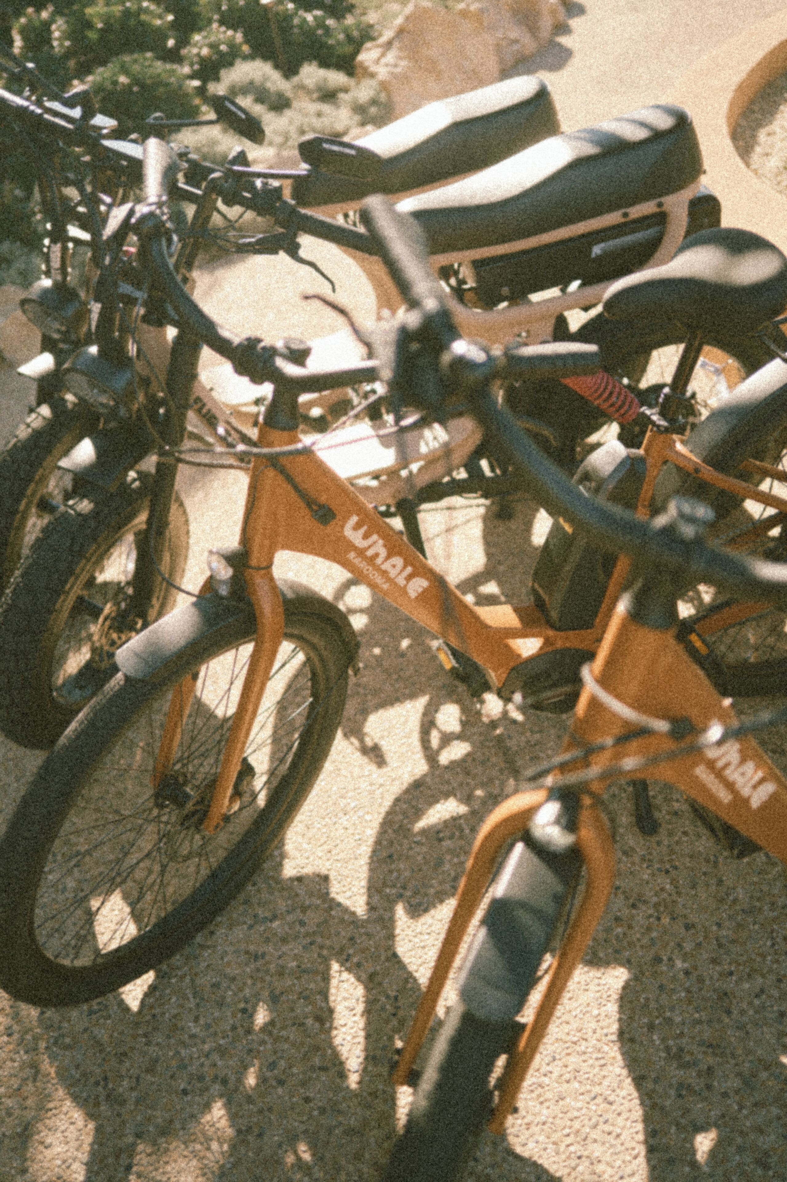 Una fila de bicicletas estacionadas sobre una superficie de concreto.