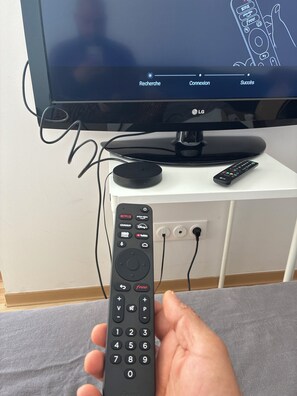 Une personne tenant une télécommande devant un téléviseur.