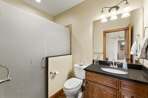 Un bagno dotato di doccia, toilette, lavandino e specchio.