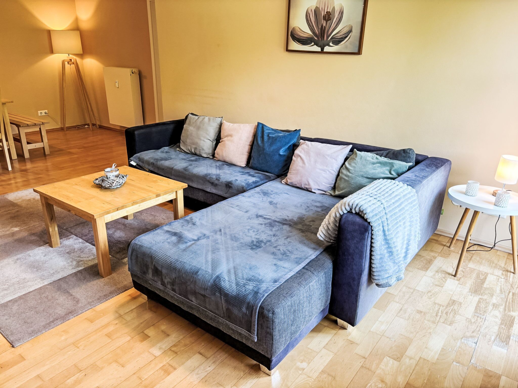 A living room with a sofa, a coffee table, a lamp, and a framed picture on the wall.