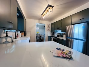 Une cuisine moderne dotĂ©e dâun grand Ăźlot central, dâappareils Ă©lectromĂ©nagers en acier inoxydable et dâun luminaire suspendu.