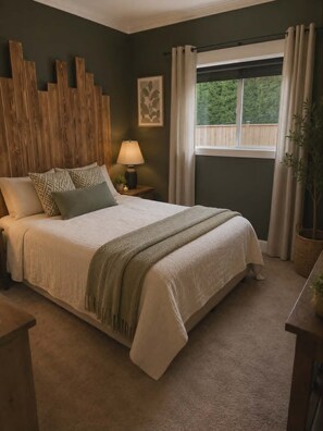 A bedroom with a bed, bedside table, lamp, and a window with curtains. - Okanagan Hideaway, Lake views & Outdoor Adventure, pet friendly and fun! (Vernon)
