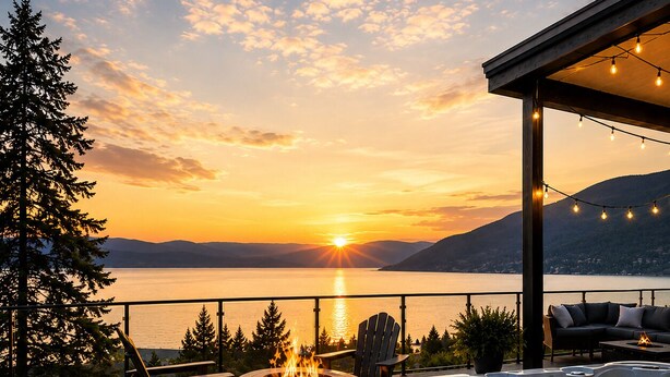 Une terrasse dotée d’un foyer extérieur, de sièges et d’un jacuzzi, le tout offrant une vue sur un lac au coucher du soleil.