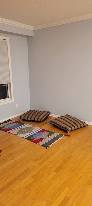 A room with a wooden floor, two patterned pillows, a colorful rug, and a window with blinds.