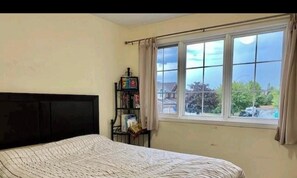 Une chambre à coucher avec un lit, une bibliothèque et une fenêtre donnant sur un beau paysage.