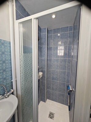 Une douche avec une porte en verre, un lavabo et un pommeau de douche.