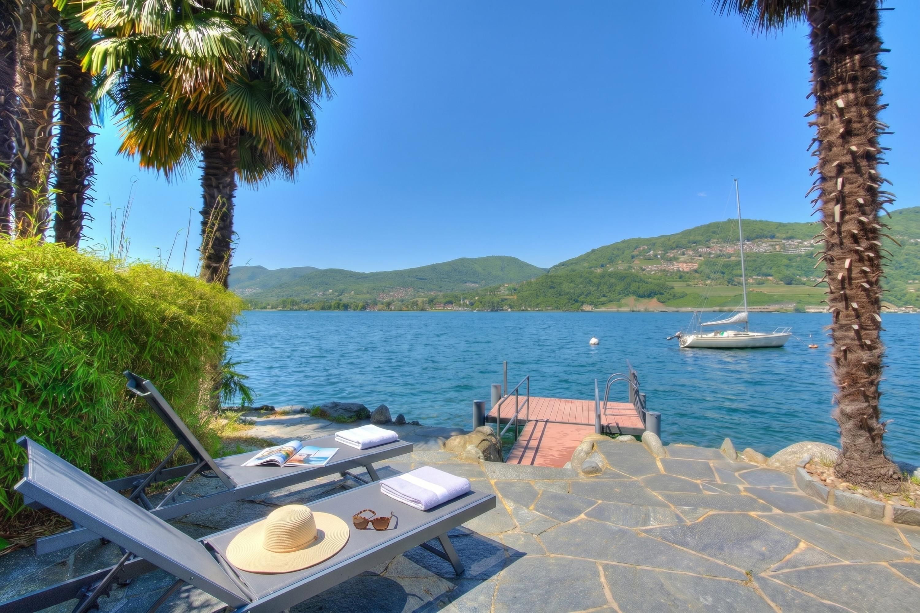 A serene lakeside setting with lounge chairs, a hat, and sunglasses on one, and a boat in the distance.