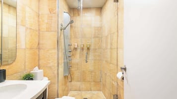 Douche, séchoir à cheveux, serviettes fournies, shampooing
