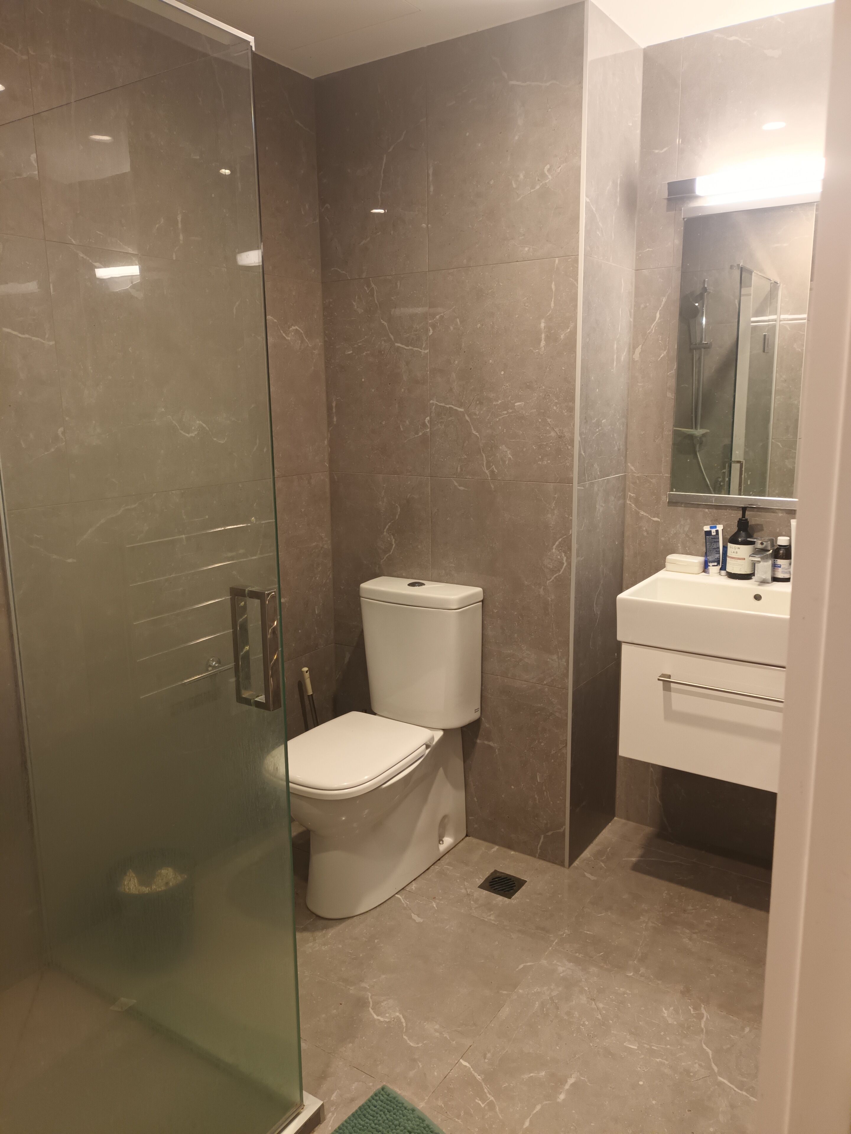 A bathroom with a glass shower enclosure, a toilet, and a sink with a mirror above it.