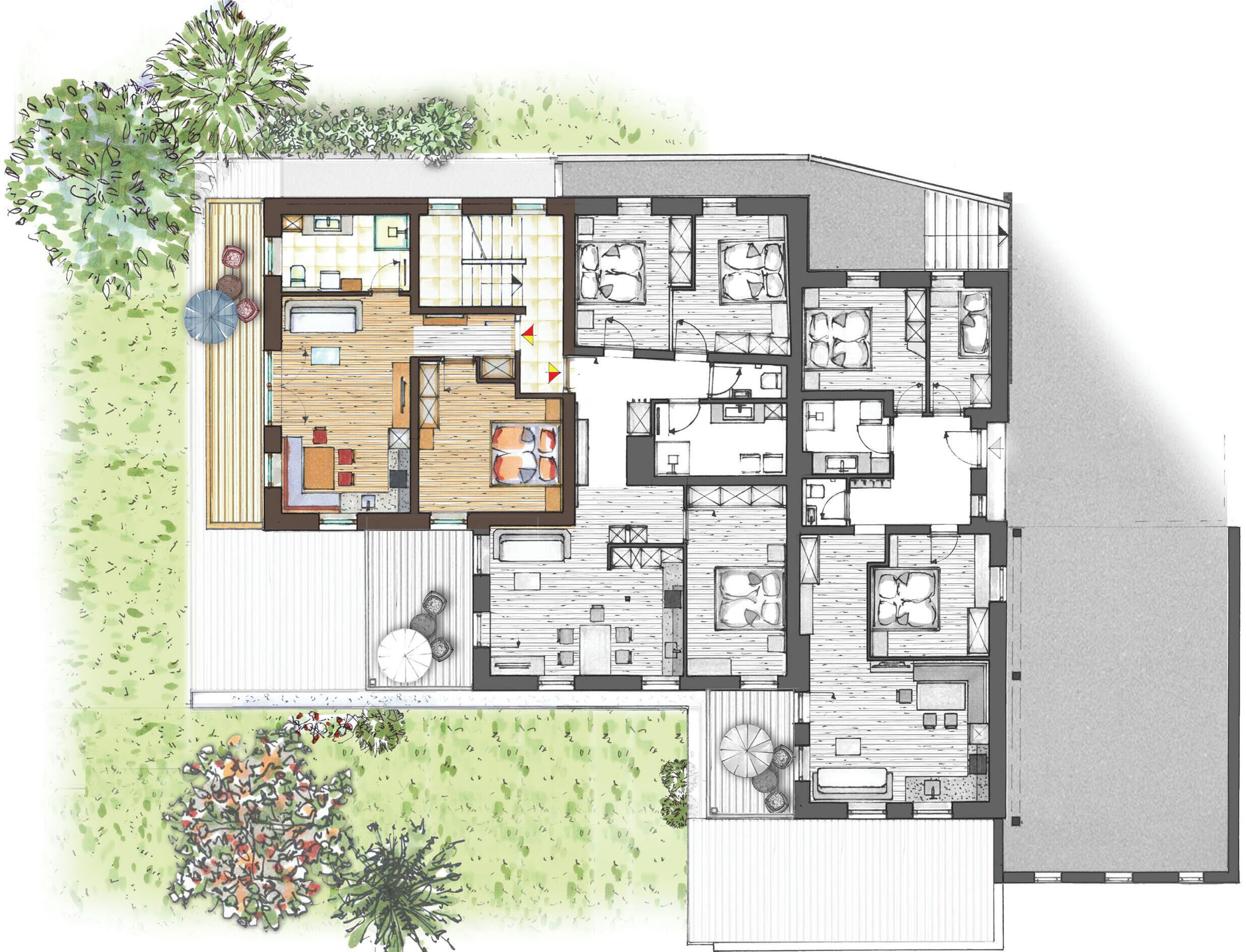 A floor plan of a hotel with multiple bedrooms, a kitchen, a dining area, and a patio with outdoor seating.