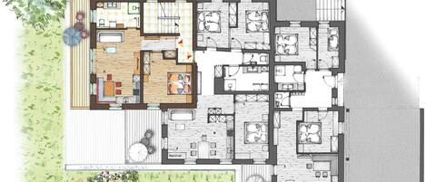 A floor plan of a hotel with multiple bedrooms, a kitchen, a dining area, and a patio with outdoor seating.