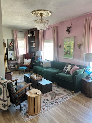 A cozy living room with a green sofa, a wooden coffee table, a patterned rug, and a chandelier.