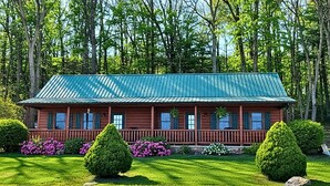 A log cabin with a green metal roof, surrounded by lush greenery and well-maintained lawns. - James Creek RV Resort (James Creek)