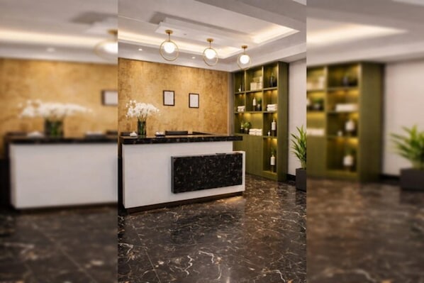 A reception area with a marble floor, a reception desk, and a wall with shelves containing various items. - Pearl Pavilion Nr Medanta By OTABoostup (Gurugram)