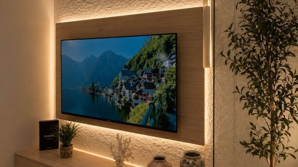 A flat-screen TV mounted on a textured wall, a potted plant, and decorative vases on a wooden console below. - Comfortable Diamond Apartments Al Hamra (Jeddah)